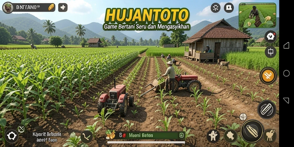 Antarmuka HUJANTOTO menampilkan lahan pertanian yang indah dan interaktif.